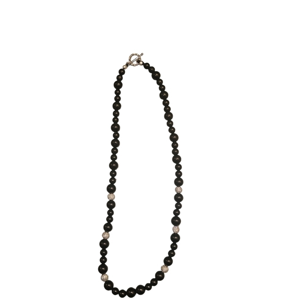Black Onyx and Silver Tone Beads Necklace 16"